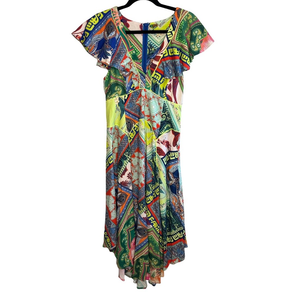 FARM Rio Patchwork Maxi Dress Multicolor Ruffle‎ Small/Petite Sleeve V Neck